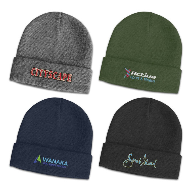 Four beanies in grey, green, navy, and black, each featuring different logos or branding.