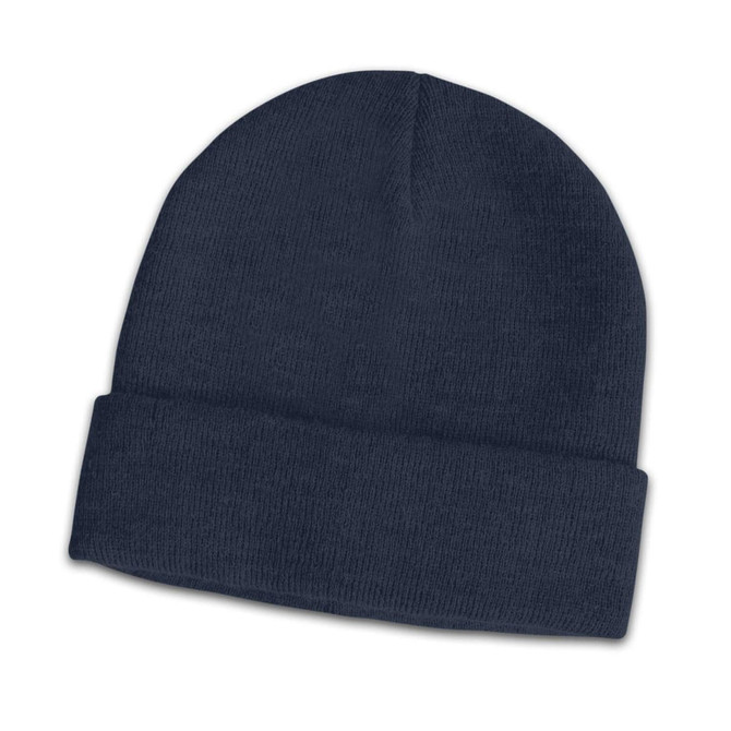 A navy wool blend beanie with a folded cuff and a plain design. It features a logo on one side.