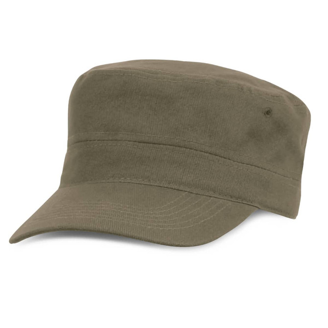 An olive green military-style cap with a flat visor and a stitched band, featuring a logo on the side.