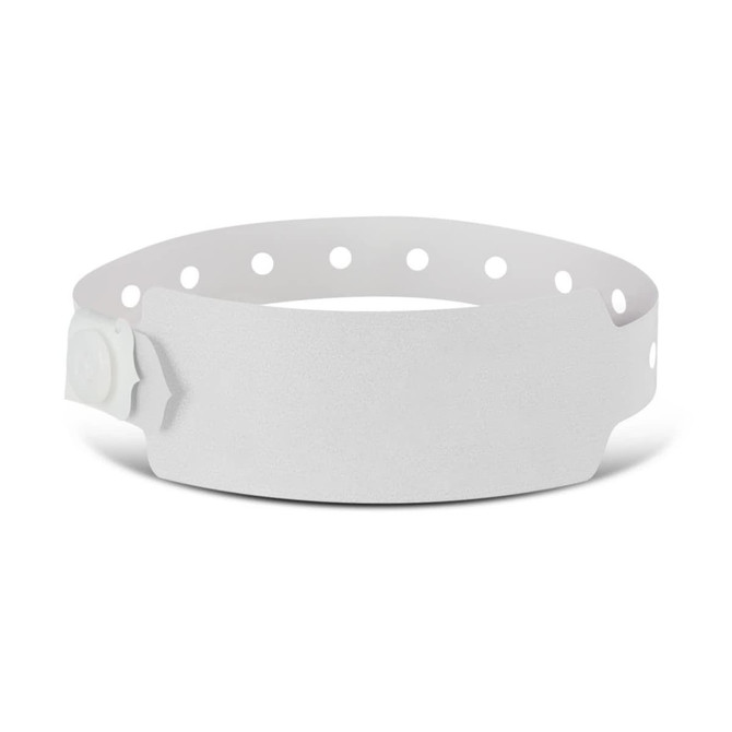 A white plastic event wristband featuring a smooth surface and adjustable holes for sizing.