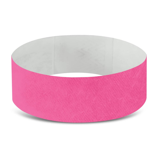 A pink Tyvek event wristband, showcasing a smooth texture and a seamless design suitable for events.