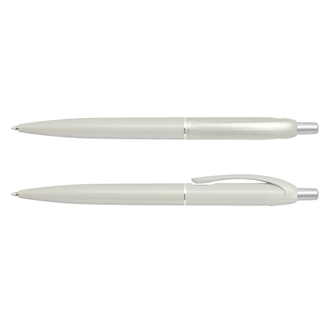 A light green plastic pen with a silver clip and tip, featuring a simple, sleek design.