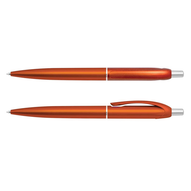An orange plastic pen with a sleek design, featuring a silver clip and tip, and a branding logo.