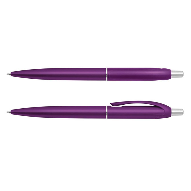 A purple plastic pen with a smooth body and silver accents, featuring a cap and a retractable mechanism.