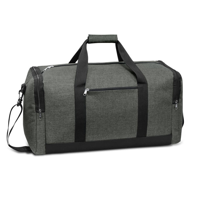 A dark green duffle bag with black accents, featuring a shoulder strap and zippered pockets. It has a logo on it.