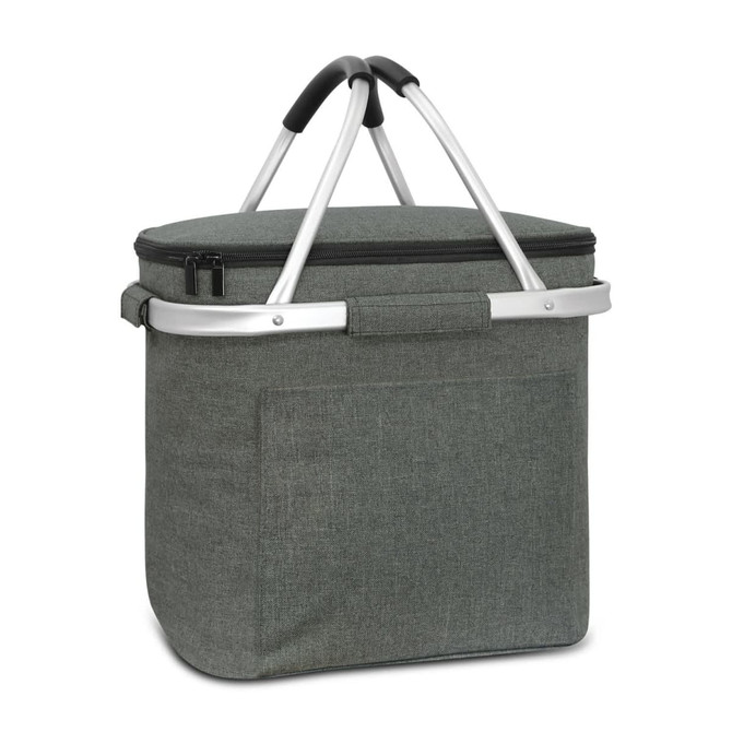 A green cooler basket with a zippered top and silver handles, featuring a front pocket.