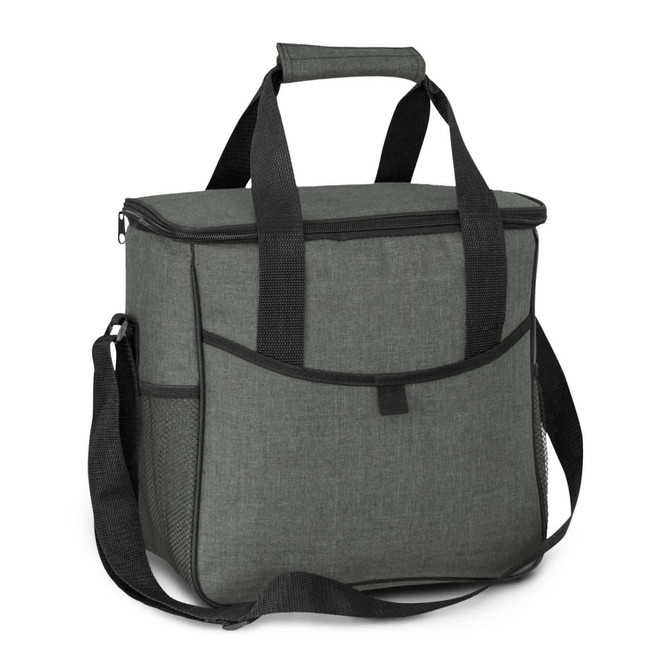 A green cooler bag with a zip closure and sturdy handles, featuring a front pocket and side mesh detail.