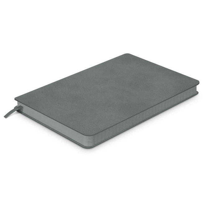 A medium-sized notebook in a sleek grey finish with an elastic closure and a ribbon bookmark.