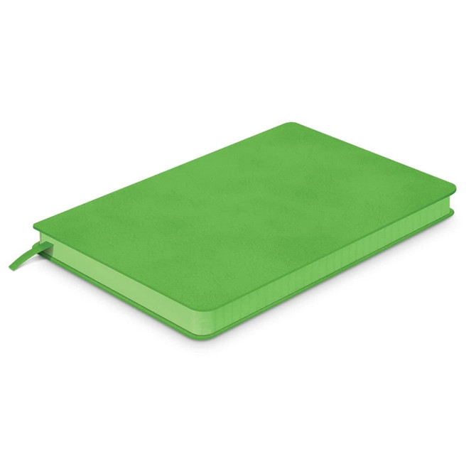 A medium green notebook with a textured cover and a ribbon bookmark, featuring a logo on the front.