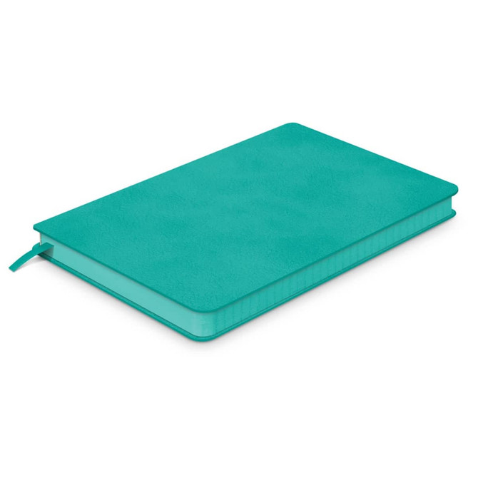 A medium turquoise notebook with a smooth finish and a ribbon bookmark, featuring a subtle branding logo.