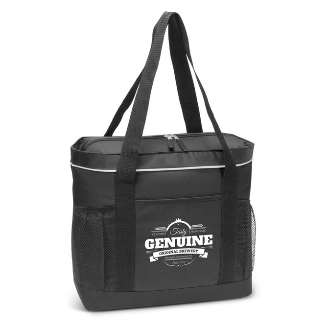 A black cooler tote with mesh pockets and a logo on the front. It features sturdy handles for easy carrying.
