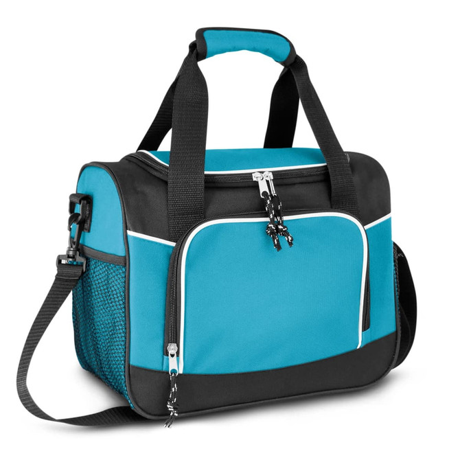 A teal and black cooler bag with a zippered compartment, sturdy handles, and a crossbody strap. It features mesh side pockets.