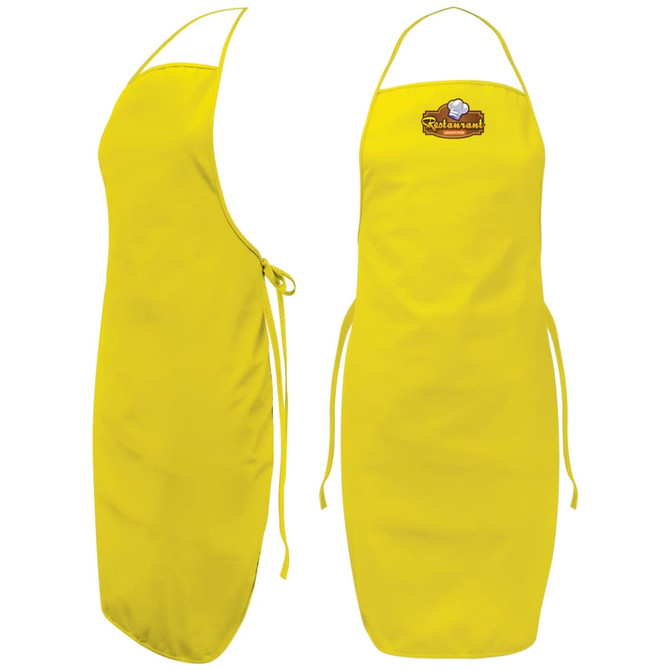 A bright yellow bib apron with an adjustable neck strap and a tie at the waist, featuring a branding logo.