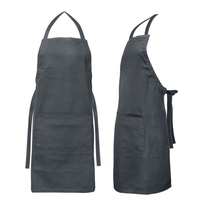 A dark grey Savoy Bib Apron with adjustable ties and front pockets, featuring a logo.
