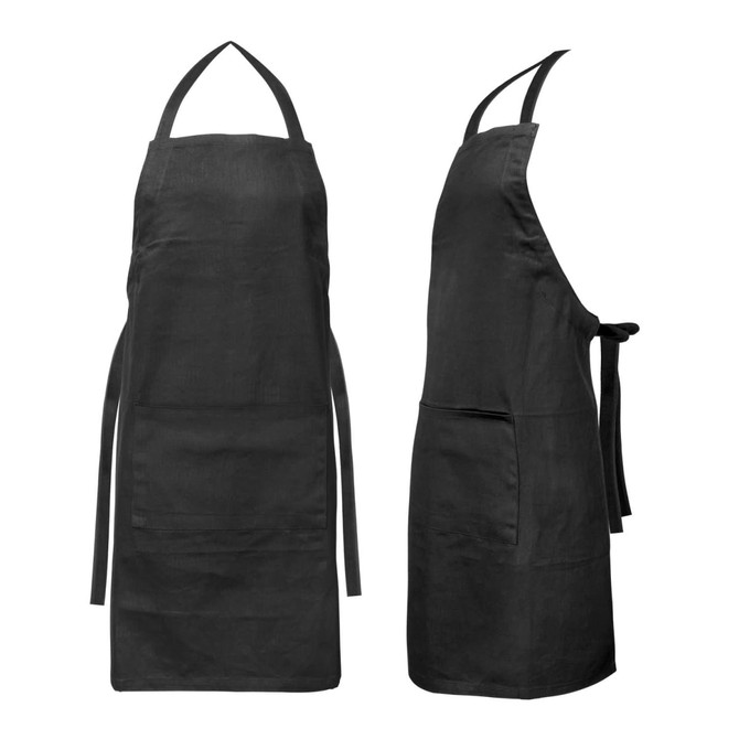 A black Savoy Bib Apron featuring a front pocket and ties at the waist and neck. Includes a logo.