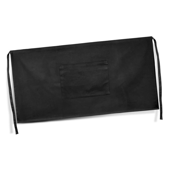 A black waist apron with a centre pocket and long ties for fastening. It features a logo on the fabric.