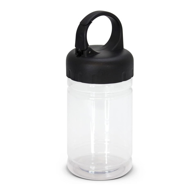 A clear drink bottle with a black cap and a built-in carabiner.