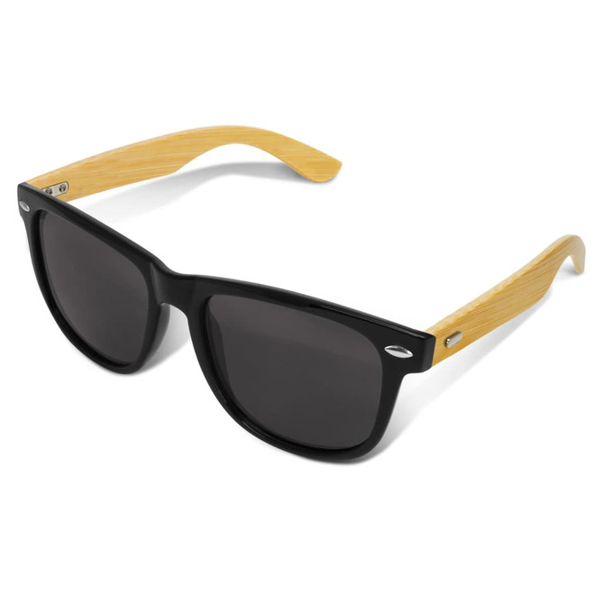 Malibu Premium Sunglasses featuring black frames and bamboo arms, designed for leisure and outdoor activities.