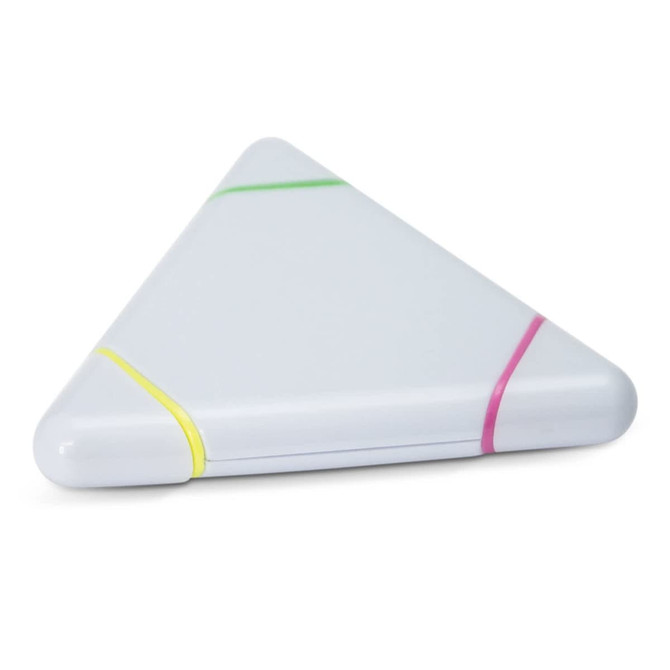 A triangular highlighter in white with green, pink, and yellow accents.