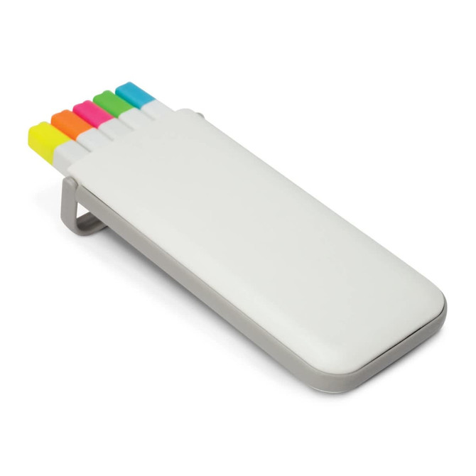 A highlighter set in a sleek white case featuring pink, orange, yellow, green, and blue highlighters.