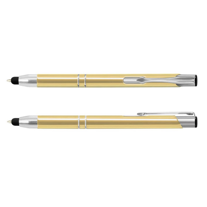 A gold metal stylus pen featuring a sleek design and a chrome clip. It has a logo on its body.