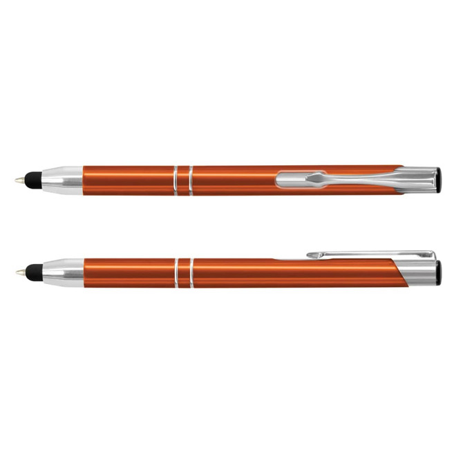 An orange metal stylus pen with silver accents, featuring a clip and a rubber tip for touchscreens.