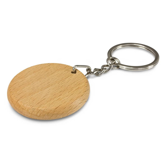 A round wooden key ring with a silver metal chain and keyring attachment.