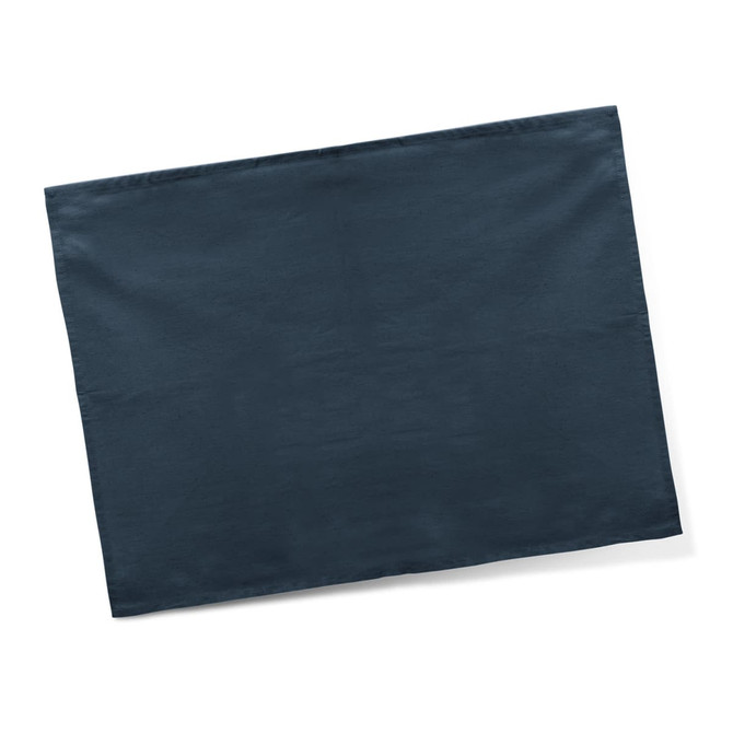A cotton tea towel in a dark blue colour, featuring a simple design and includes a logo.