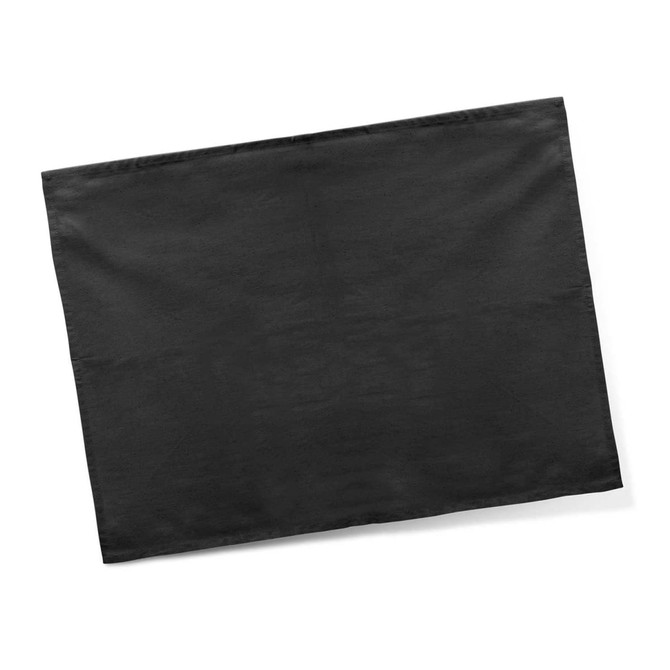 A black cotton tea towel featuring a smooth, plain design with an embedded logo.