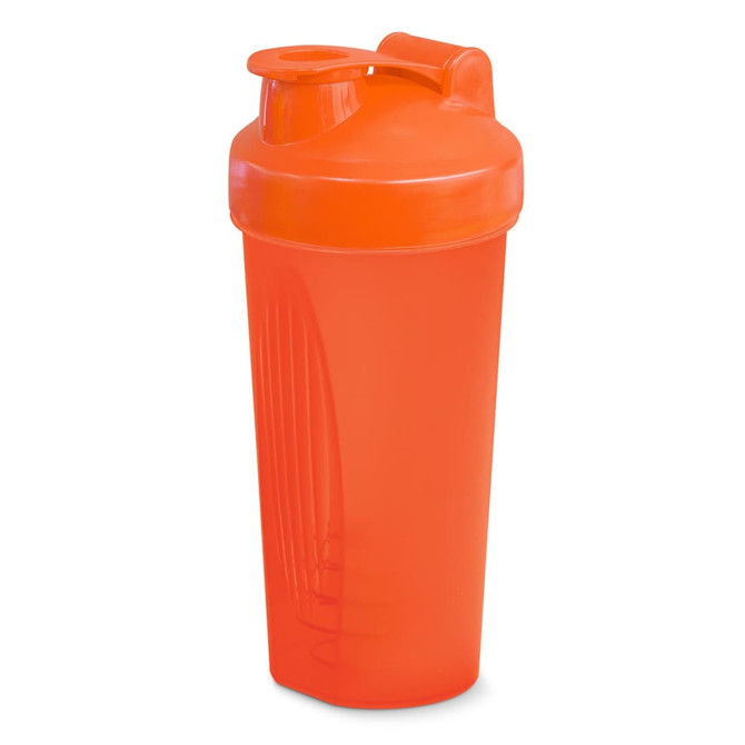 A drink bottle with a vibrant orange colour and a flip-top lid, featuring a logo on its side.