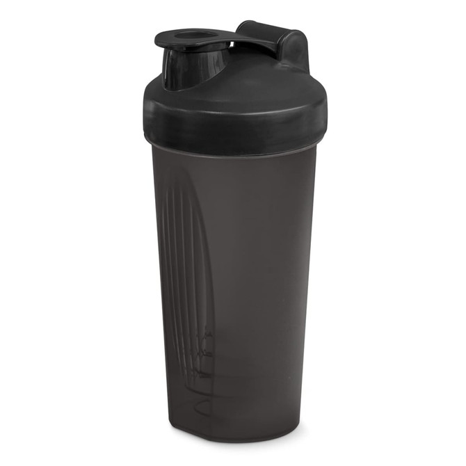 A drink bottle with a black body and lid, featuring a shake-resistant design and a logo.
