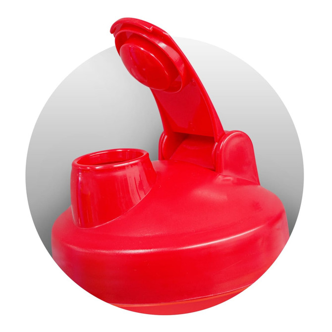 A drink bottle in vibrant red, featuring a wide mouth and a flip-top lid, with a branding logo on the side.