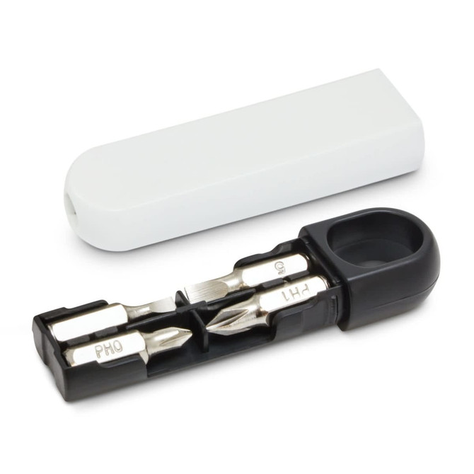 A mini screwdriver set in black and silver, housed in a white cover with a logo.