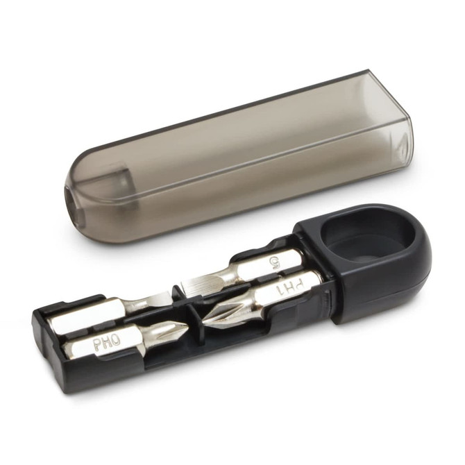A mini screwdriver set in a black and grey case with a transparent cover, featuring multiple screwdriver bits.