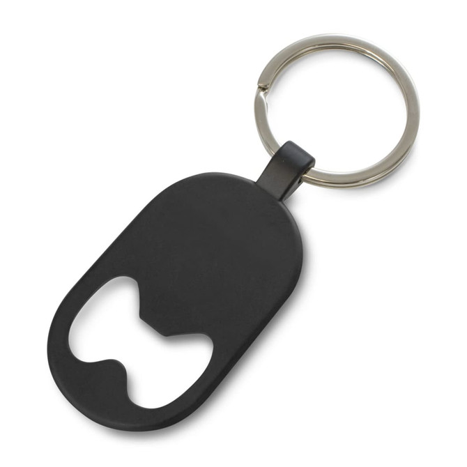 A black bottle opener key ring featuring a circular keychain and a bottle opener design. It includes a logo.