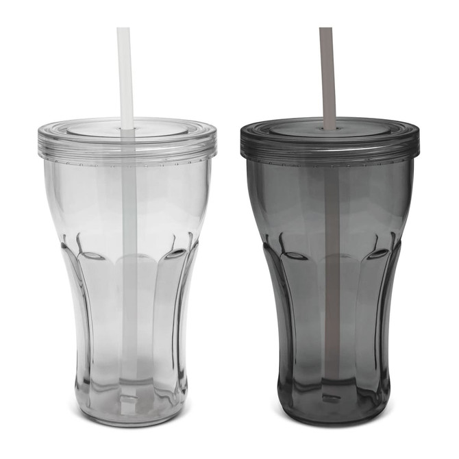 A drink tumbler set featuring two plastic cups, one clear and one dark gray, both with removable lids and straws.