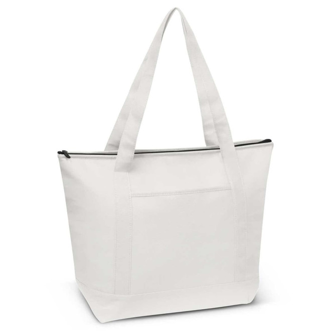 A large white cooler bag with a zip closure and two long handles. It features a front pocket and a logo.