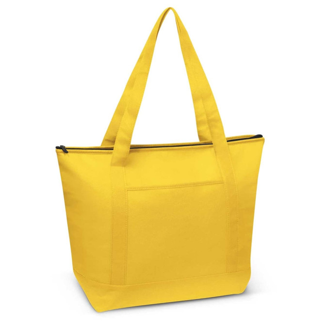 A yellow cooler bag with a zip closure and two long handles, featuring a front pocket and a logo.