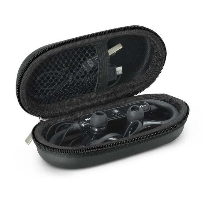 A black zippered case containing Olympic Bluetooth earbuds with a charging cable inside.