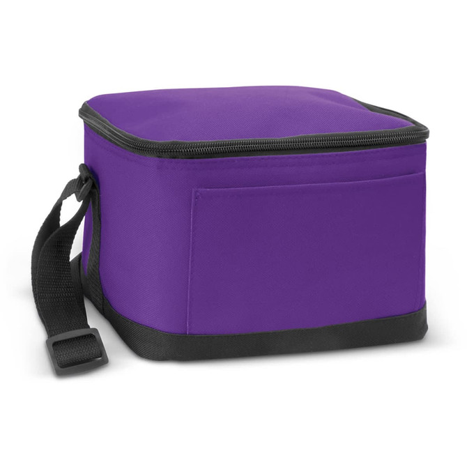 A square purple cooler bag with a black base and a carrying strap. It has a flat exterior pocket and a zip closure.