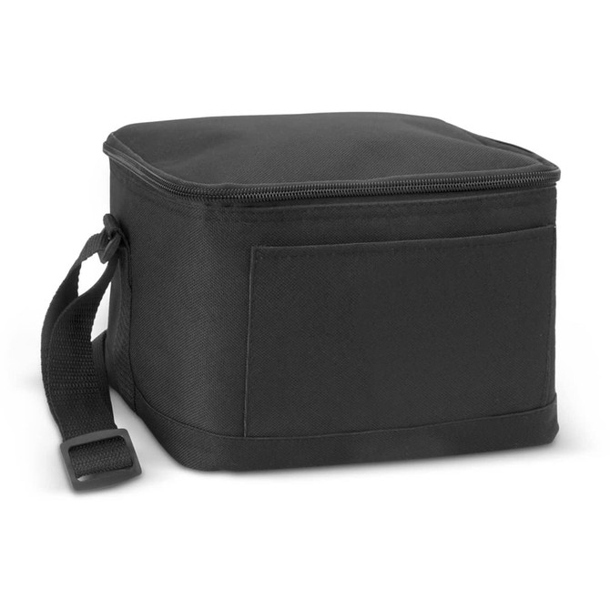 A black cooler bag with a zip closure and a handle, featuring a side pocket. It has a simple, functional design.