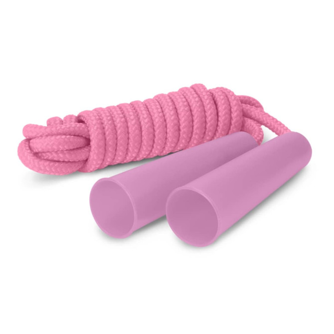 A pink skipping rope with soft handles, featuring a coiled rope design and a smooth finish.