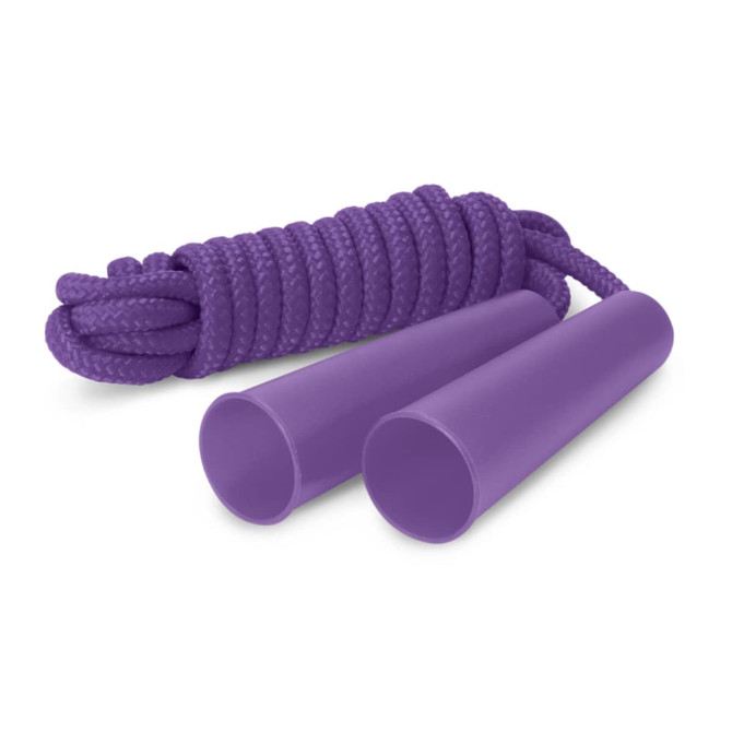 A purple skipping rope featuring two handle grips, coiled rope, and a smooth finish.