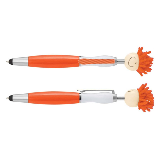 An orange pen with a playful pom-pom topper and a smiley face, featuring a silver clip. It has a logo on the barrel.