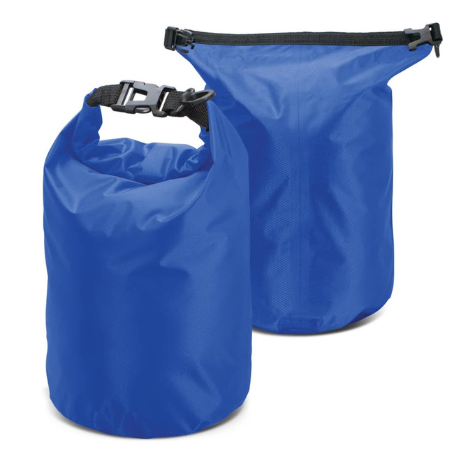 A blue dry bag featuring a roll-top closure and a black adjustable strap. It has a simple, sleek design.