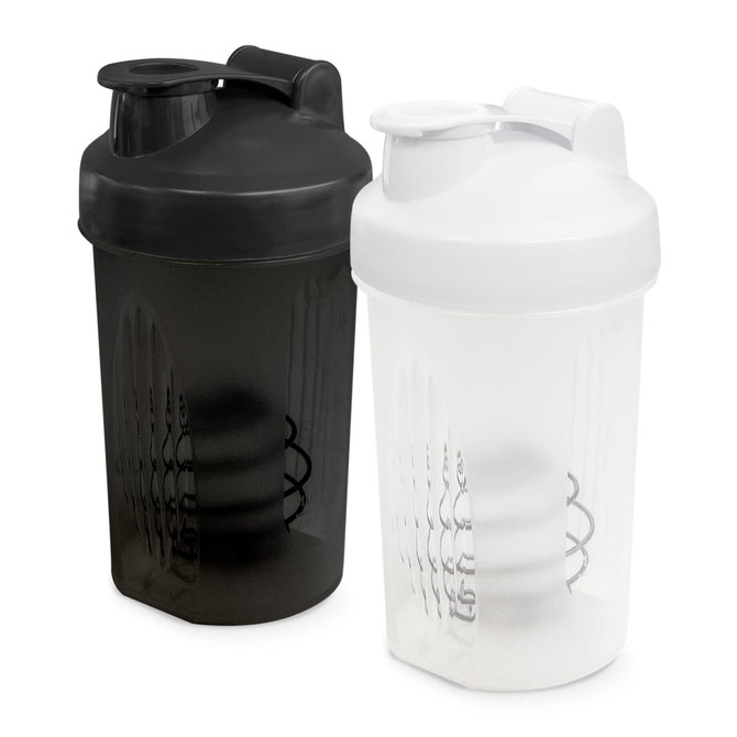 A drink bottle set featuring a black and a white protein shaker, each with a screw-on lid and integrated whisk ball.