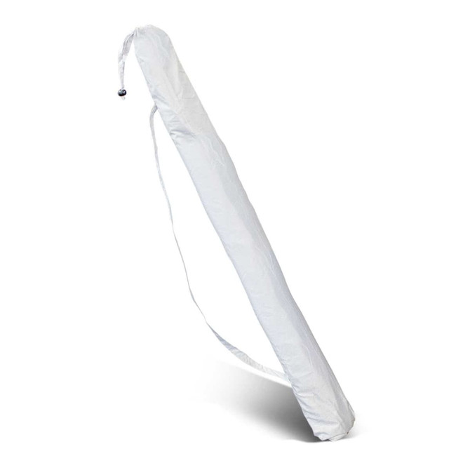 A Bahama Beach Umbrella in a protective carrying sleeve, featuring a convenient shoulder strap for transport.