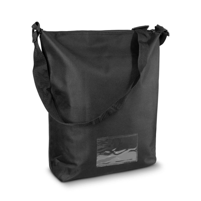 A black conference cooler bag with an adjustable shoulder strap and a transparent pocket for a label.