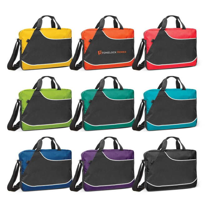 A collection of Centrix Conference Satchels in various colours, including yellow, red, green, teal, and purple, with a logo.