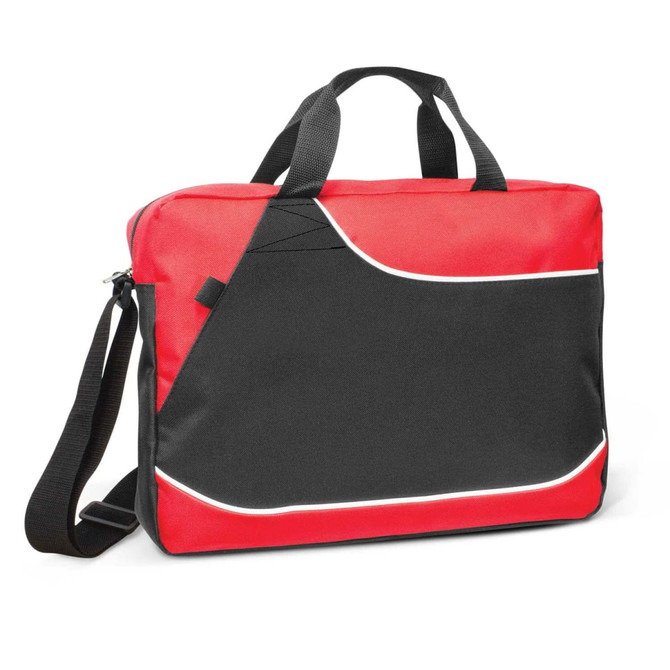 A red and black conference satchel with carry handles and a shoulder strap, featuring a prominent logo.